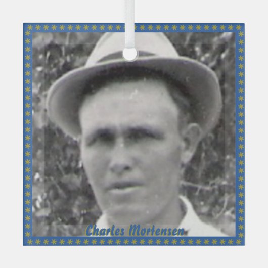 角形祖先の写真と名前(青と金ゴールド) ガラスオーナメント (正面)