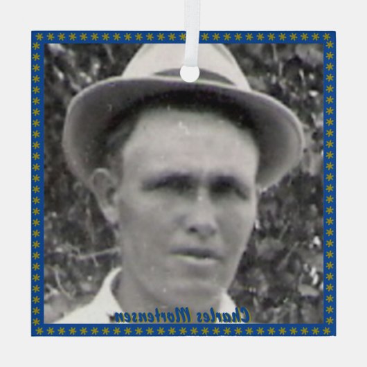 角形祖先の写真と名前(青と金ゴールド) ガラスオーナメント (裏面)