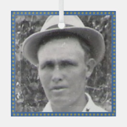 角形祖先フォトブルーと金ゴールドフレームオーナメント ガラスオーナメント (正面)