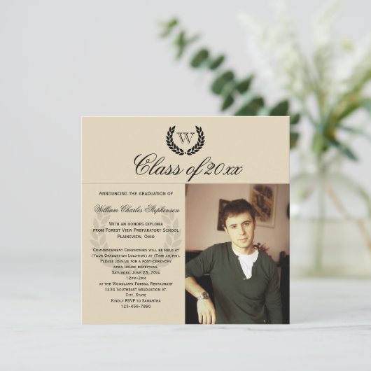 角文字モノグラムクラシック写真卒業 招待状 (スタンド正面)