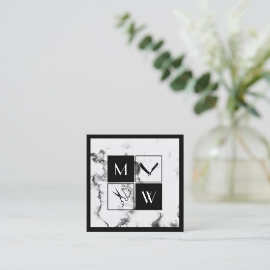 角枠の理容師エレガントの四角いビジネスカー スクエア名刺 (スタンド正面)