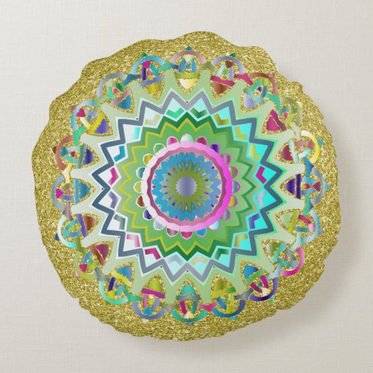 角柱カラフルケルト結び目模様金ゴールドフェイクグリッター ラウンドクッション (裏面)