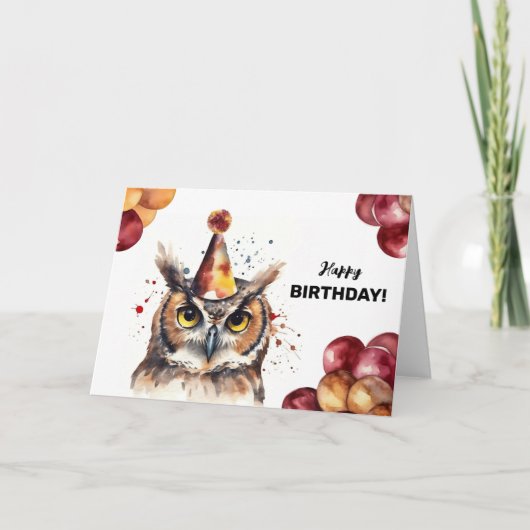 角素晴らしフクロウ風船とパーティー帽子誕生日 カード (正面)