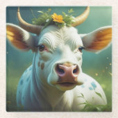 角花が咲き乱れたかわいい白い愛牛 ガラスコースター (正面)