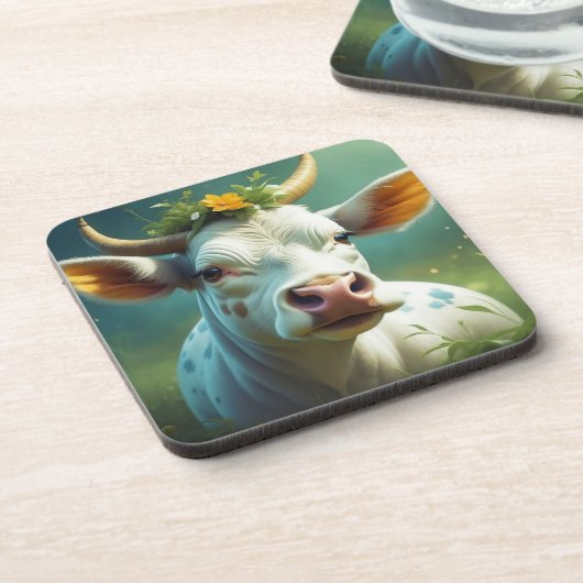 角花が咲き乱れたかわいい白い愛牛 コースター (左側)