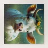 角花が咲き乱れたかわいい白い愛牛 ジグソーパズル (横)