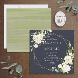 角銅幾何学ネイビーブルーホワイトフローラ 招待状