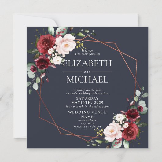 角銅幾何学模様ブルガンディーブルー結婚ズ 招待状 (正面)