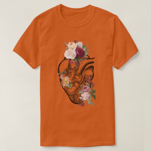 解剖学的ハートと花が愛の女性を示す Tシャツ (デザイン正面)