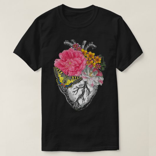 解剖学的ハートと花が愛を示す Tシャツ (デザイン正面)