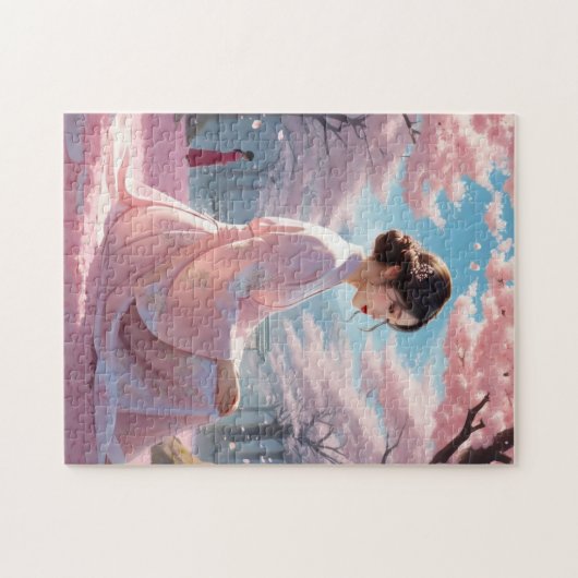 解決さくらんぼ花びら桜 |かわいいアジア女性 ジグソーパズル (横)