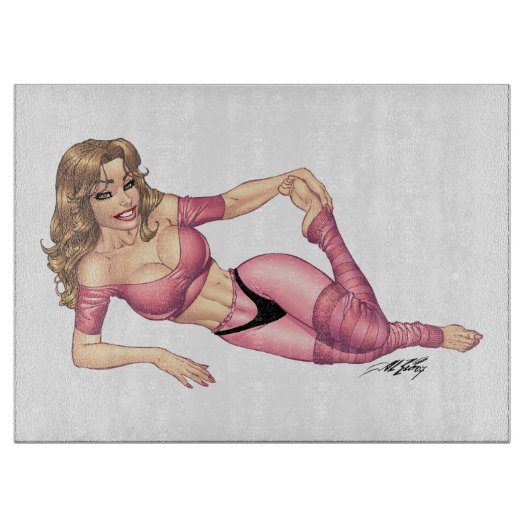 解決の準備ができたタイツのかわいいブルネット カッティングボード (正面)