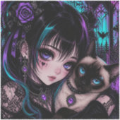 触れ合い | アニメの少女と猫 シール (正面)