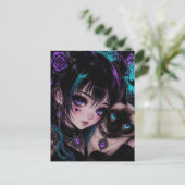 触れ合い | アニメの少女と猫 ポストカード (スタンド正面)