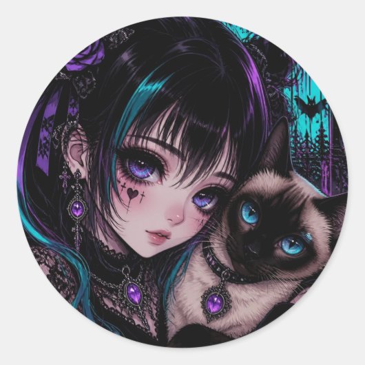 触れ合い | アニメの少女と猫 ラウンドシール (正面)