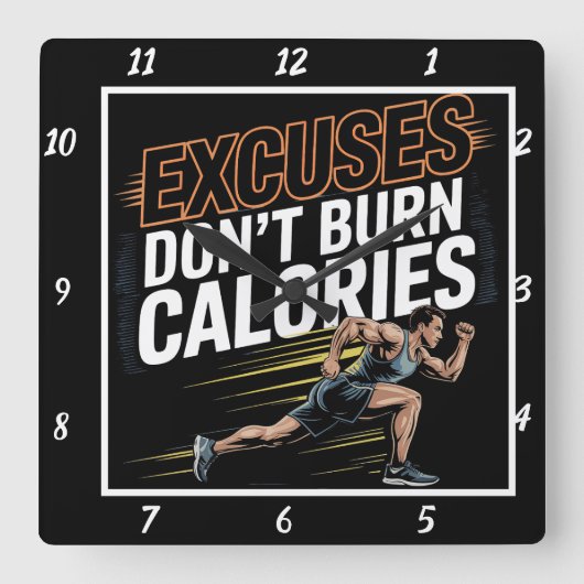 言い訳カロリーを燃やさないランナー スクエア壁時計 (正面)