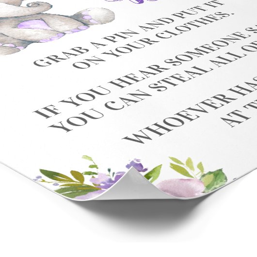 言わないベビーピンゲーム象ベビーガールシャワー ポスター (角)