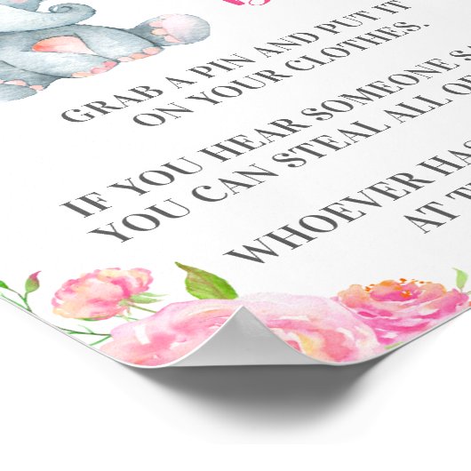 言わないベビーピンゲーム象ベビーガールシャワー ポスター (角)