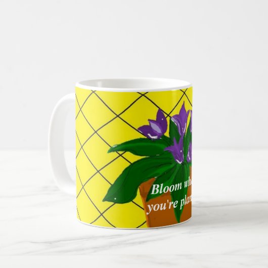 言葉の入った紫の鉢植えの花 コーヒーマグカップ (正面左)