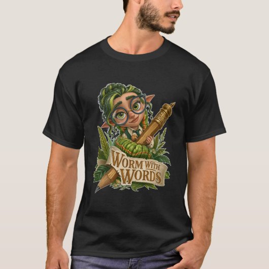 言葉を持つ虫 かわいいファンタジーエルフの本の虫と猫 Tシャツ (正面)