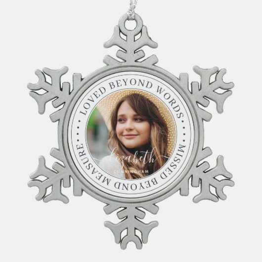 言葉を超えて愛されたメモリアルエレガントシック写真 スノーフレークピューターオーナメント (正面)