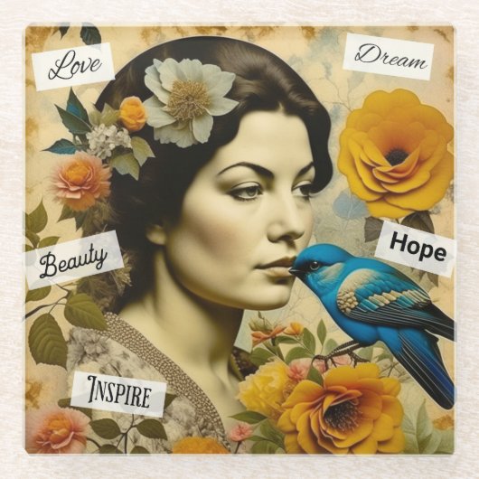 言葉感動的とヴィンテージの女パーソナライズされた性 ガラスコースター (正面)