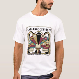 言語の日 アールデコ調の多言語あいさつ文が描かれた本 Tシャツ