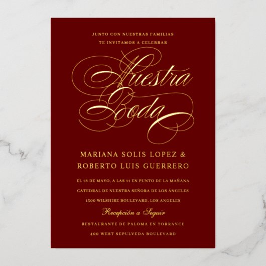 言語スペインのヌエストラボダマルーン金ゴールド 箔招待状 (正面)
