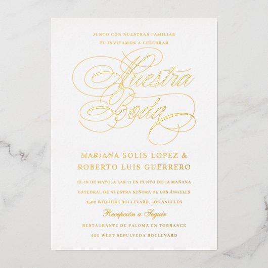 言語スペインのヌエストラボダ金ゴールド 箔招待状 (正面)