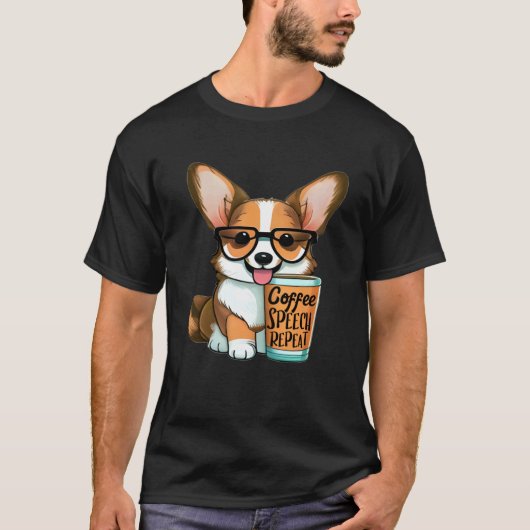 言語療法士 コーヒー好き コーギー Tシャツ (正面)