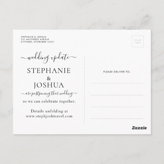 計画の変更が延期された宛先ウェディングブルー ポストカード (裏面)