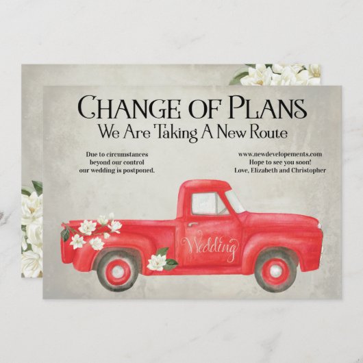 計画の変更が延期された赤トラック結婚の 案内状 (正面/裏面)