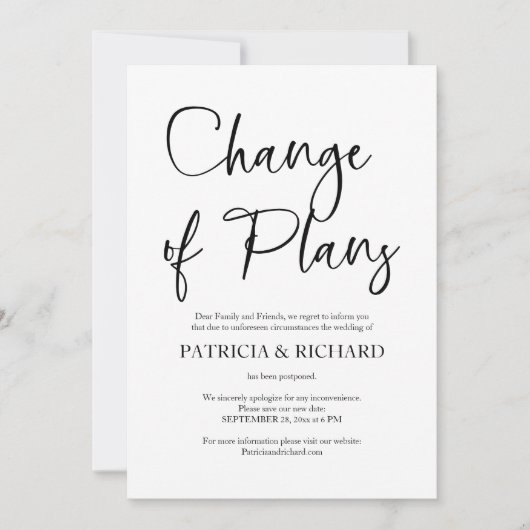 計画の変更シンプルの結婚延期 招待状 (正面)