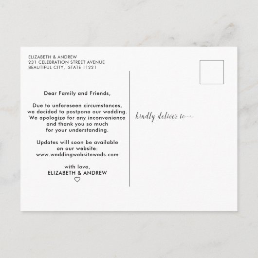 計画の変更ダスティブルー結婚の延期期間 案内ポストカード (裏面)