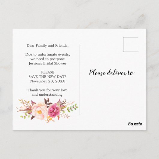 計画の変更ブライダルシャワー延期はがき ポストカード (裏面)
