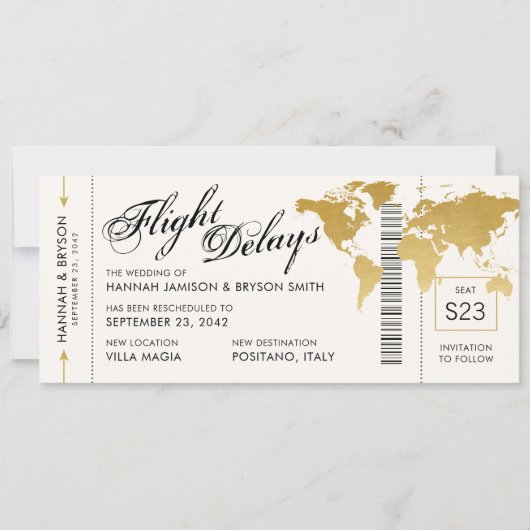 計画の変更ワールドマップボーディングチケット結婚 案内状 (正面)