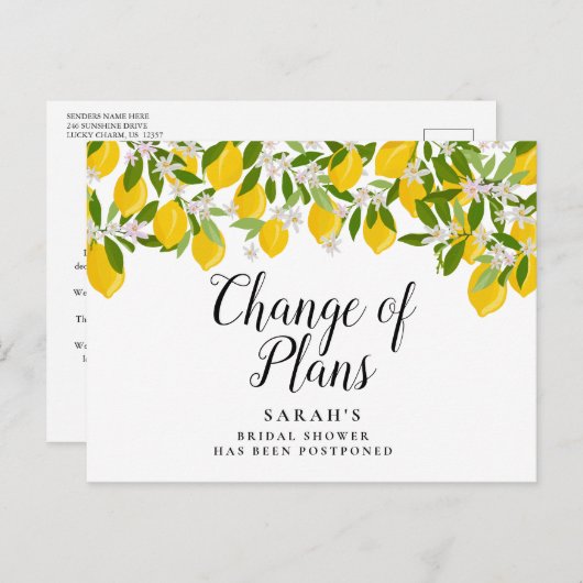 計画の変更延期されたレモンブライダルシャワー 案内ポストカード (正面/裏面)