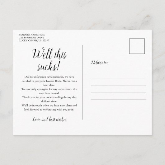 計画の変更延期されたレモンブライダルシャワー 案内ポストカード (裏面)