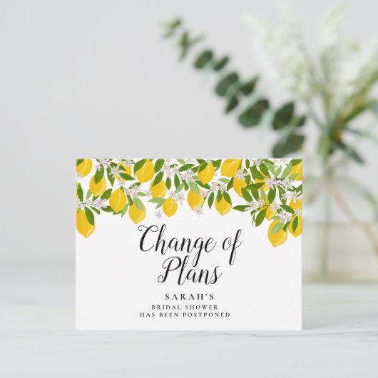 計画の変更延期されたレモンブライダルシャワー 案内ポストカード (スタンド正面)
