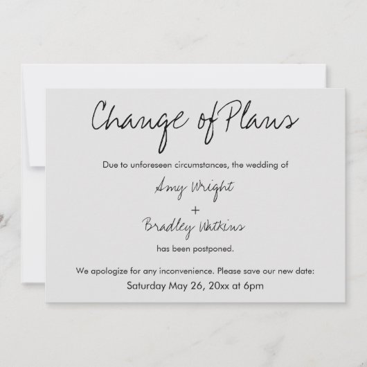 「計画の変更」が延期結婚されたグレー・カード 招待状 (正面)