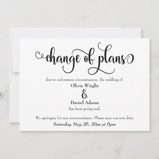 「計画の変更」の結婚延期 招待状 (正面)