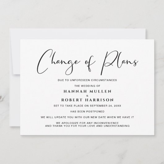計画変更のお知らせ延期中止 黒白 案内状 (正面)