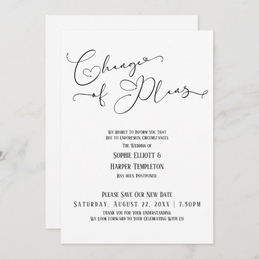 計画変更のお知らせ シンプルでエレガントな新しい結婚式の日程 招待状 (正面/裏面)