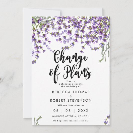計画変更ラベンダー結婚式招待状 招待状 (正面)