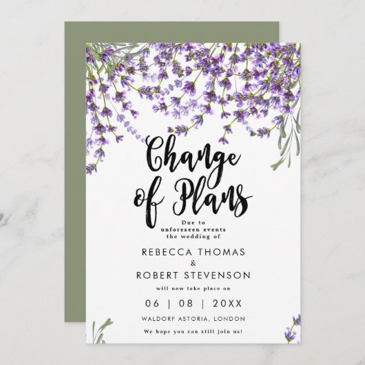 計画変更ラベンダー結婚式招待状 招待状 (正面/裏面)