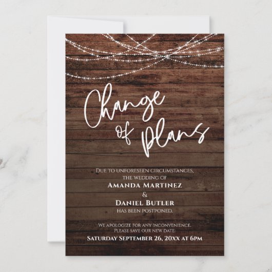 計画変更延期のカード結婚の木材 招待状 (正面)