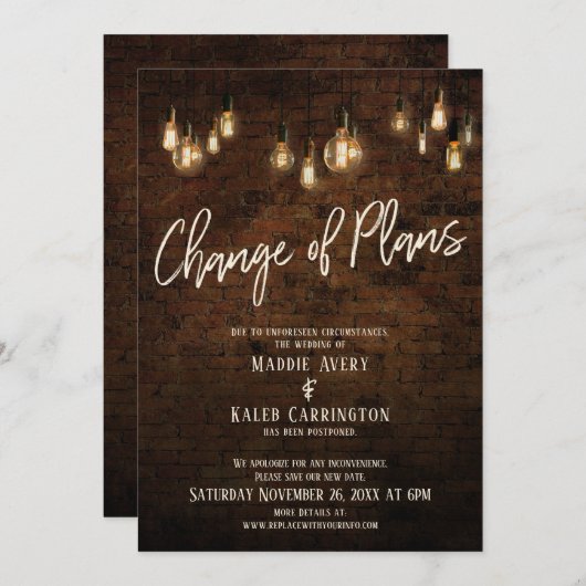 計画変更 エジソンライト付き延期結婚式カード 招待状 (正面/裏面)