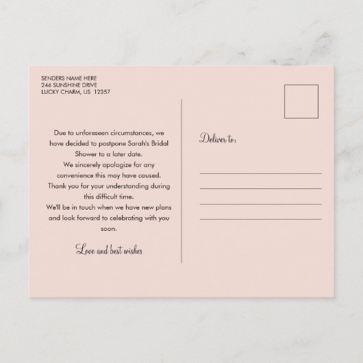 計画変更 ブライダルシャワー ローズゴールド グリッター ポストカード (裏面)