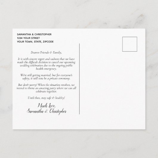 計画変更 レッドローズの結婚式延期のお知らせ 案内ポストカード (裏面)