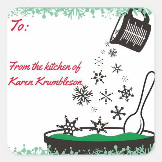 計量カップの注ぐ雪片のクリスマスのベーキング スクエアシール (正面)